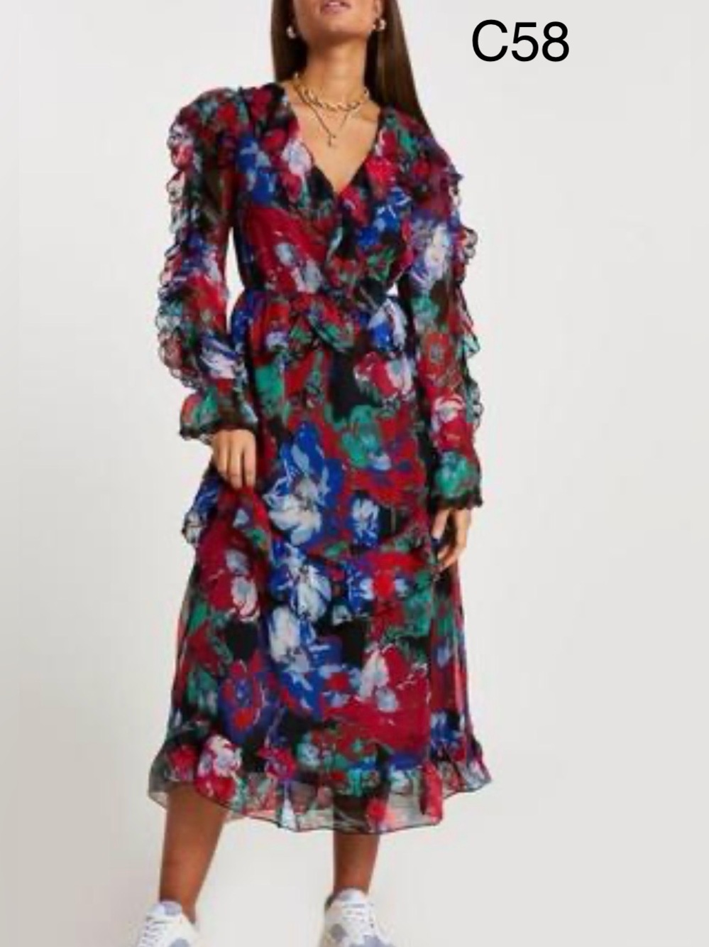 River Island Boho Red Floral Ruffle Midi Dress,Size 6
